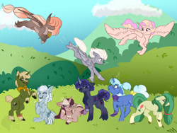 Size: 1280x961 | Tagged: safe, artist:grumpygriffcreation, imported from derpibooru, oc, oc only, alicorn, bat pony, earth pony, pegasus, pony, unicorn, alicorn oc, clothes, earth pony oc, eyes closed, female, flying, folded wings, glasses, horn, laughing, looking at each other, looking at someone, looking back, male, mare, scarf, spread wings, stallion, unicorn oc, wings