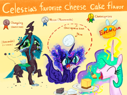 Size: 3500x2624 | Tagged: safe, artist:ja0822ck, imported from derpibooru, nightmare moon, princess celestia, princess luna, pumpkin cake, queen chrysalis, alicorn, changeling, changeling queen, parasprite, pony, cake, cakelestia, cheese, cheese cake, female, food, glowing, glowing horn, horn, magic, moon, moon cheese, telekinesis, that pony sure does love cakes