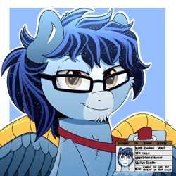 Size: 2000x2000 | Tagged: safe, artist:h3nger, imported from derpibooru, oc, oc only, oc:soaring spirit, pegasus, pony, abstract background, armor, chest fluff, chin fluff, coat markings, colored wings, commission, facial markings, glasses, horny on main, id card, license, male, multicolored hair, multicolored mane, multicolored wings, pegasus oc, socks (coat markings), solo, spread wings, stallion, wing armor, wing brace, wings