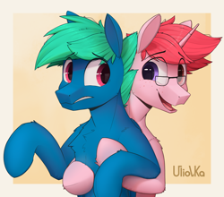Size: 3084x2709 | Tagged: safe, artist:uliovka, imported from derpibooru, oc, oc only, oc:basura, oc:supermoix, pegasus, pony, unicorn, bipedal, concerned, duo, duo male, glasses, heterochromia, hug, male, not gay, simple background, smiling, stallion, yellow background