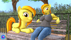 Size: 3840x2160 | Tagged: safe, artist:pootanger_sfm, imported from derpibooru, spitfire, anthro, pegasus, pony, 3d, alternate hairstyle, anthro ponidox, looking at you, outdoors, self paradox, self ponidox, smiling, source filmmaker