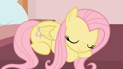 Size: 1920x1080 | Tagged: safe, artist:forgalorga, imported from derpibooru, fluttershy, pegasus, pony, bed, cute, daaaaaaaaaaaw, eyes closed, female, mare, pillow, shyabetes, sleeping, smiling, solo, sweet dreams fuel, wings, your little cat 3