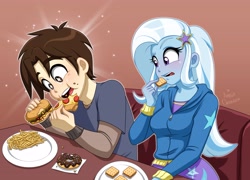 Size: 3700x2671 | Tagged: safe, artist:ameliacostanza, imported from derpibooru, trixie, human, equestria girls, burger, clothes, commission, crackers, crossover, donut, eating, fast food, food, high res, marvel, open mouth, peter parker, pizza, plate, shirt, sitting, skirt, spider-man, table, teenager