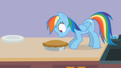 Size: 1920x1080 | Tagged: safe, artist:forgalorga, imported from derpibooru, rainbow dash, pegasus, pony, crouching, female, food, kitchen, mare, pie, plate, sink, sniffing, solo, your little cat 3