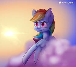 Size: 2271x2005 | Tagged: safe, artist:yumiy_salin, imported from derpibooru, rainbow dash, pegasus, pony, female, mare, red eyes, sky, solo, sun