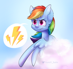 Size: 1965x1860 | Tagged: safe, artist:yumiy_salin, imported from derpibooru, rainbow dash, pegasus, pony, cute, sky, smiling, smirk, solo, wings