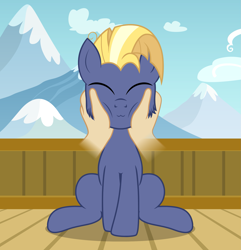 Size: 1963x2035 | Tagged: safe, artist:badumsquish, derpibooru exclusive, imported from derpibooru, star tracker, earth pony, human, pony, once upon a zeppelin, season 7, :3, airship, cheek fluff, cheek rub, cheek squish, cloud, cute, disembodied hand, eyes closed, fog, freckles, hand, human on pony petting, male, male focus, mountain, mountain range, offscreen character, offscreen human, petting, pov, show accurate, sky, smiling, solo focus, squishy cheeks, stallion, trackerbetes, zeppelin