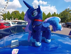 Size: 4000x3000 | Tagged: safe, artist:melodisde, imported from derpibooru, photographer:sassysvczka, lily, lily valley, princess luna, alicorn, car, collar, ferris wheel, flower, flower in hair, folded wings, gala parking, galacon, galacon 2022, irl, jewelry, necklace, parking lot, phone sock, photo, plushie, regalia, seat ibiza (car), sticker, wings