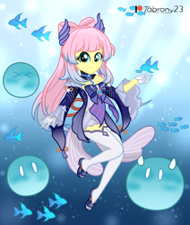 Size: 1760x2073 | Tagged: safe, artist:tabrony23, imported from derpibooru, fluttershy, human, equestria girls, beautiful, breasts, busty fluttershy, clothes, cosplay, costume, crossover, cute, dress, female, genshin impact, gloves, grin, looking at you, ocean, patreon, patreon logo, pigtails, sandals, sangonomiya kokomi (genshin impact), shoes, show accurate, shyabetes, signature, slimes (genshin impact), smiling, smiling at you, socks, solo, thigh highs, underwater, video game crossover, water