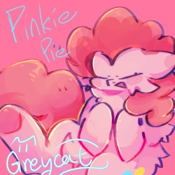 Size: 1080x1080 | Tagged: safe, artist:grey___cat, imported from derpibooru, pinkie pie, earth pony, pony, eyes closed, female, mare, open mouth, pink background, simple background, solo, underhoof