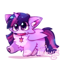 Size: 1080x1080 | Tagged: safe, artist:grey___cat, imported from derpibooru, twilight sparkle, alicorn, cat, catified, ear fluff, eye clipping through hair, female, folded wings, horn, raised paw, simple background, species swap, twilight cat, twilight sparkle (alicorn), white background, wings