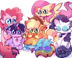 Size: 1334x1080 | Tagged: safe, artist:grey___cat, imported from derpibooru, applejack, fluttershy, pinkie pie, rainbow dash, rarity, twilight sparkle, alicorn, cat, earth pony, pegasus, unicorn, :3, :<, applecat, applejack's hat, catified, cowboy hat, cute, dashabetes, diapinkes, ear fluff, eye clipping through hair, eyes closed, female, floppy ears, fluttercat, flying, freckles, hat, horn, jackabetes, licking, mane six, one ear down, pinkie cat, rainbow cat, raised paw, raribetes, raricat, shyabetes, simple background, sitting, species swap, tongue out, twiabetes, twilight cat, twilight sparkle (alicorn), white background, wings