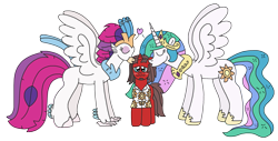 Size: 3294x1671 | Tagged: safe, artist:supahdonarudo, imported from derpibooru, princess celestia, queen novo, oc, oc:ironyoshi, alicorn, classical hippogriff, hippogriff, unicorn, my little pony: the movie, atg 2022, blushing, happy, heart, kissing, lucky bastard, newbie artist training grounds, simple background, transparent background, wavy mouth