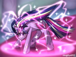 Size: 2048x1536 | Tagged: safe, artist:mugitya012, imported from derpibooru, twilight sparkle, alicorn, pony, female, folded wings, horn, magic, magic aura, mare, rainbow power, rainbow power-ified, solo, sparkles, twilight sparkle (alicorn), wings