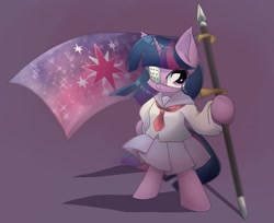 Size: 1861x1515 | Tagged: safe, artist:namaenonaipony, imported from derpibooru, twilight sparkle, semi-anthro, unicorn, bipedal, clothes, cute, eye clipping through hair, eyepatch, female, flag, hoof hold, hoof on hip, horn, looking at you, mare, purple background, sailor uniform, school uniform, simple background, skirt, solo, twiabetes, unicorn twilight, uniform