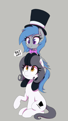 Size: 473x840 | Tagged: safe, artist:thebatfang, imported from derpibooru, oc, oc only, oc:hattsy, oc:lucky roll, bat pony, earth pony, pony, aggie.io, bow, duo, female, gray background, hat, mare, pony hat, raised hoof, simple background, sitting, smiling, top hat