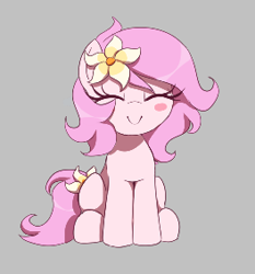 Size: 264x283 | Tagged: safe, artist:thebatfang, imported from derpibooru, oc, oc only, oc:kayla, earth pony, pony, aggie.io, blushing, cute, earth pony oc, eyes closed, female, filly, flower, flower in hair, foal, gray background, mare, simple background, sitting, solo