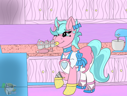 Size: 1600x1200 | Tagged: safe, artist:gray star, derpibooru exclusive, imported from derpibooru, oc, oc:candy chip, cyborg, unicorn, baker, bow, collar, cupcake, food, hair bow, oven mitts, stove