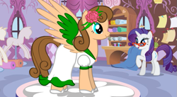 Size: 695x381 | Tagged: safe, artist:healercharm, imported from derpibooru, rarity, oc, oc:jade butterfly, pegasus, pony, unicorn, carousel boutique, clothes, dress, fabric, female, flower, glasses, horn, mannequin, mare, marriage, raised hoof, rarity's glasses, rose, shoes, spread wings, thread, wedding, wedding dress, window, wings