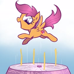 Size: 2048x2048 | Tagged: safe, artist:pfeffaroo, imported from derpibooru, scootaloo, pegasus, pony, cute, cutealoo, fan, female, filly, floating, foal, full body, gradient background, happy, looking back, looking down, open mouth, scootaloo can fly, side view, solo, spread wings, tail, windswept mane, windswept tail, wings