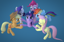 Size: 4000x2600 | Tagged: safe, artist:wissle, imported from derpibooru, applejack, fluttershy, pinkie pie, rainbow dash, rarity, twilight sparkle, alicorn, earth pony, pegasus, pony, unicorn, 3d, atg 2022, bedroom eyes, biting, blender, competition, eyes on the prize, female, flying, high res, lesbian, lip bite, looking at you, mane six, mare, newbie artist training grounds, not sure if want, open mouth, pulling, shipping, simple background, tail, tail bite, tail pull, twilight sparkle (alicorn), twilight sparkle gets all the mares