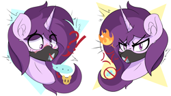 Size: 4388x2472 | Tagged: safe, artist:czu, imported from derpibooru, oc, oc only, oc:czupone, pony, unicorn, ..., angry, blushing, cross-popping veins, emoji, exclamation point, fire, interrobang, looking at you, mask, mute, question mark, simple background, white background