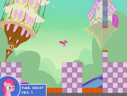 Size: 450x338 | Tagged: safe, imported from derpibooru, pinkie pie, earth pony, pony, chaos, crazy pony, discorded landscape, female, game, jumping, mare, pixel art, ponyville, text, town hall