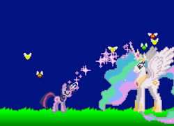 Size: 462x334 | Tagged: safe, artist:infinitydash, imported from derpibooru, princess celestia, twilight sparkle, alicorn, parasprite, unicorn, swarm of the century, clothes, crown, female, flying, game, grass, horn, jewelry, magic, mare, regalia, shoes, sky, sparkles, spread wings, unicorn twilight, wings