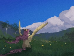 Size: 2160x1620 | Tagged: safe, artist:left_pigeon, imported from derpibooru, fluttershy, pegasus, pony, cloud, female, flower, grass, large wings, mare, scenery, sitting, sky, solo, spread wings, tree, windswept hair, windswept mane, wings