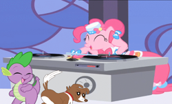 Size: 2124x1280 | Tagged: safe, imported from ponybooru, pinkie pie, spike, winona, dog, dragon, earth pony, butt, butt shake, butt touch, dancing, disc jockey, female, male, pet, pets in love, shipping, smug, spinona, straight