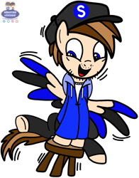 Size: 1047x1336 | Tagged: safe, artist:mrstheartist, edit, edited screencap, imported from ponybooru, screencap, oc, oc only, oc:seb the pony, pegasus, pony, clothes, colored wings, colored wingtips, cute, hoodie, male, shaking, snapback, stallion, stool, topwear, unzipped, wings