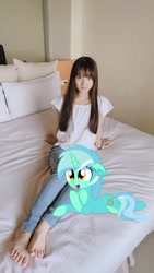 Size: 768x1365 | Tagged: safe, artist:cyanlightning, edit, imported from ponybooru, lyra heartstrings, human, pony, bed, feet, female, irl, irl human, lying down, photo, ponies in real life