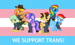 Size: 1024x614 | Tagged: safe, artist:ponygamer2020, imported from ponybooru, oc, oc only, oc:ej, oc:firey ratchet, oc:gregory griffin, oc:hsu amity, oc:rainbow eevee, oc:shield wing, alicorn, eevee, griffon, pegasus, pony, amityverse, fallout equestria, :t, alicorn oc, bracelet, chest fluff, clothes, cute, ears, eevee pony, fallout, female, floppy ears, folded wings, full body, glasses, griffon oc, group, happy, hat, horn, jewelry, jumpsuit, looking at you, looking down, male, mare, multicolored hair, multicolored mane, multicolored tail, not twilight sparkle, pink eyes, pipboy, pokémon, ponytail, pride, pride flag, purple eyes, rainbow hair, show accurate, smiling, smiling at you, stallion, standing, tail, transgender pride flag, vault suit, vector, wings