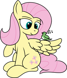 Size: 1531x1763 | Tagged: safe, artist:mark_ml, imported from ponybooru, fluttershy, bird, pegasus, pony, cute, female, mare, sitting, smiling, solo, wings