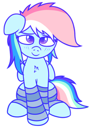 Size: 1004x1404 | Tagged: safe, artist:mark_ml, imported from ponybooru, rainbow dash, pegasus, pony, chest fluff, clothes, cute, dashabetes, female, looking at you, mare, simple background, sitting, smiling, smiling at you, socks, solo