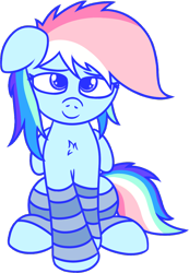 Size: 944x1361 | Tagged: safe, alternate version, artist:mark_ml, imported from ponybooru, rainbow dash, pegasus, pony, chest fluff, clothes, cute, dashabetes, ears, female, floppy ears, looking at you, mare, simple background, smiling, smiling at you, socks, solo, transparent background