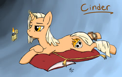Size: 1280x809 | Tagged: safe, imported from ponybooru, oc, oc only, oc:cinder trails, unicorn, fallout equestria, fallout equestria: guise of chaos, fanfic art, goggles, lighter, lying down, magic, paragon, pillow, pyromancer, pyromaniac, raider, telekinesis