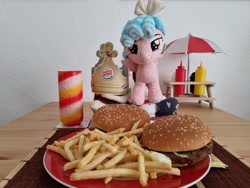 Size: 4032x3024 | Tagged: safe, artist:xeto_de, imported from ponybooru, cozy glow, burger, burger king, food, french fries, hamburger, irl, photo, plushie, solo