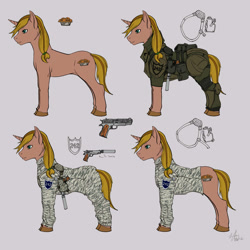 Size: 2000x2000 | Tagged: safe, artist:kibugamikenzo, imported from ponybooru, oc, oc only, unicorn, fallout equestria, body armor, clothes, gun, handgun, holster, pistol, uniform, weapon