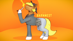 Size: 3840x2160 | Tagged: safe, artist:barnnest, imported from ponybooru, oc, oc only, oc:acres, earth pony, pony, bag, clothes, cowboy hat, gun, handgun, hat, male, pants, profile, revolver, saddle bag, side view, smoke, smoking gun, solo, stallion, stetson, weapon