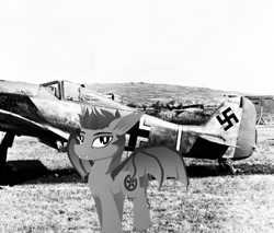 Size: 1799x1536 | Tagged: safe, imported from ponybooru, imported from twibooru, oc, oc:devin, bat pony, pony, balkenkreuz, bat pony oc, bat wings, black and white, fw-190, germany, grayscale, looking at you, luftwaffe, male, monochrome, nazi, pilot, plane, smiling, stallion, swastika, wings, world war ii