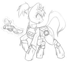 Size: 635x541 | Tagged: safe, artist:thatdarnpony, imported from ponybooru, oc, oc:littlepip, fallout equestria, alternate design, bag, desert ranger, gun, handgun, revolver, saddle bag, weapon