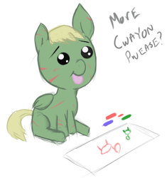 Size: 450x479 | Tagged: safe, artist:thatdarnpony, imported from ponybooru, oc, oc:murky, fallout equestria, fallout equestria: murky number seven, crayon, crayon drawing, cute, fanfic art, foal, traditional art, weapons-grade cute