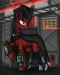 Size: 1186x1500 | Tagged: safe, artist:thestive19, imported from ponybooru, oc, oc only, oc:red eye, earth pony, fallout equestria, cape, clothes, prosthetic eye, prosthetics