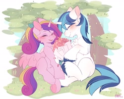 Size: 2048x1638 | Tagged: safe, artist:糖希, imported from ponybooru, princess cadance, shining armor, alicorn, pony, unicorn, blushing, bouquet, cheek fluff, chest fluff, duo, eyes closed, female, flower, male, open mouth, open smile, shiningcadance, shipping, smiling, straight, teen princess cadance, teen shining armor, underhoof, younger