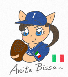 Size: 976x1094 | Tagged: safe, anonymous artist, imported from derpibooru, oc, oc only, pony, anita bissa, baseball, baseball cap, cap, female, filly, foal, hat, italy, ponified, solo, sports