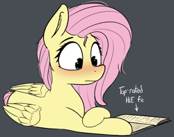 Size: 3204x2522 | Tagged: safe, artist:pinkberry, imported from derpibooru, fluttershy, pegasus, pony, blushing, book, colored, fanfic, human in equestria, implied human, lounging, lying, lying down, on floor, prone, reading