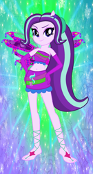 Size: 1005x1867 | Tagged: safe, artist:elementalalchemist03, artist:user15432, imported from derpibooru, starlight glimmer, fairy, human, equestria girls, alternate hairstyle, bare shoulders, barefoot, barely eqg related, base used, belly button, clothes, crossover, cutie mark, cutie mark on clothes, enchantix, fairy wings, fairyized, feet, gloves, gradient background, green background, hand on hip, long gloves, long hair, looking at you, pink wings, ponied up, ponytail, simple background, sparkly background, strapless, wings, winx, winx club, winxified