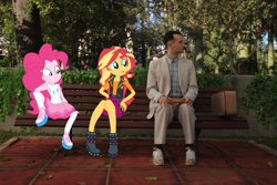 Size: 1199x800 | Tagged: safe, edit, imported from derpibooru, pinkie pie, sunset shimmer, equestria girls, bench, equestria girls in real life, forrest gump, irl, looking, photo