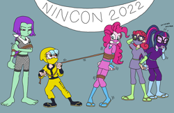 Size: 3346x2165 | Tagged: safe, artist:bugssonicx, imported from derpibooru, alizarin bubblegum, cozy glow, pinkie pie, sci-twi, twilight sparkle, oc, equestria girls, barefoot, bondage, brightly colored ninjas, clothes swap, equestria girls-ified, feet, gag, kunoichi, laughing, mask, ninja, sandals, snickering, upset